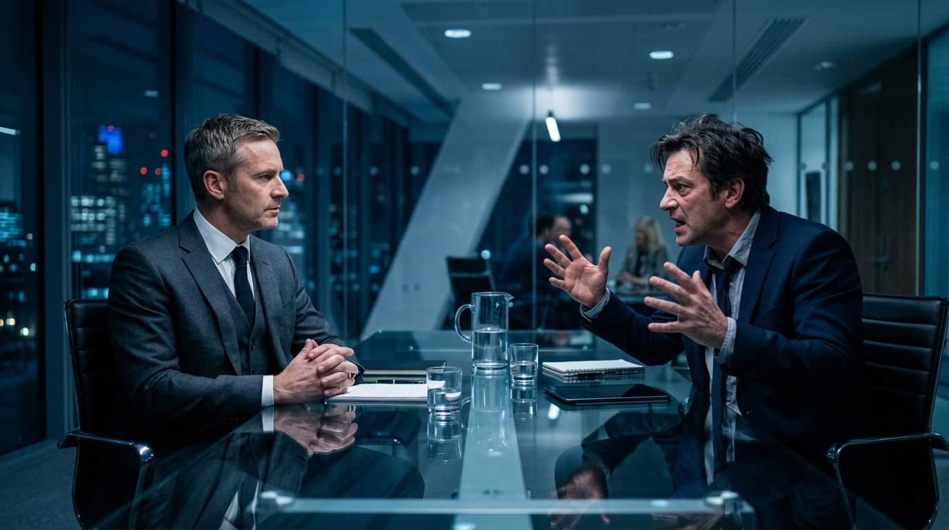 A calm professional negotiator listening intently to an agitated rival across a boardroom table.