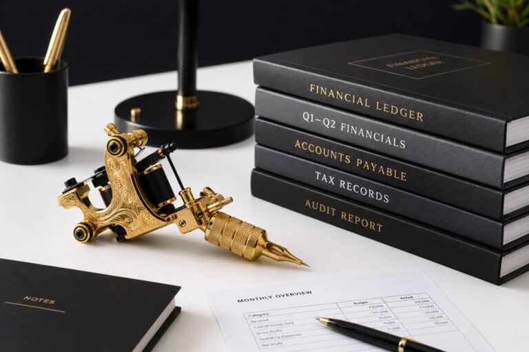 Close-up of financial ledger books, tax records, and a tattoo machine on a desk, with a pen and notes, representing finance, accounting, and business management.