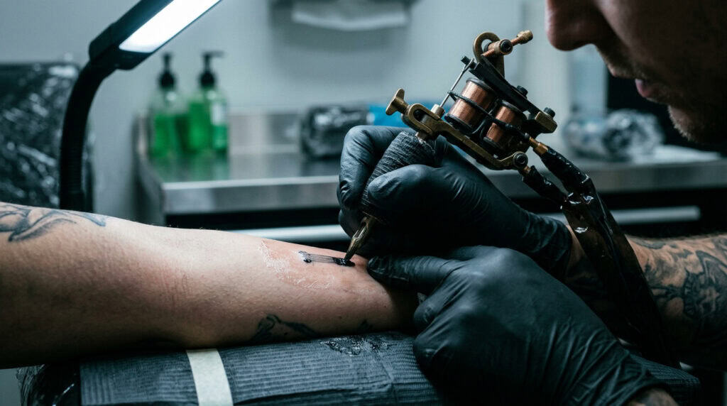 Close-up of a tattoo artist using a tattoo machine to ink a detailed design on a client's arm in a professional studio.