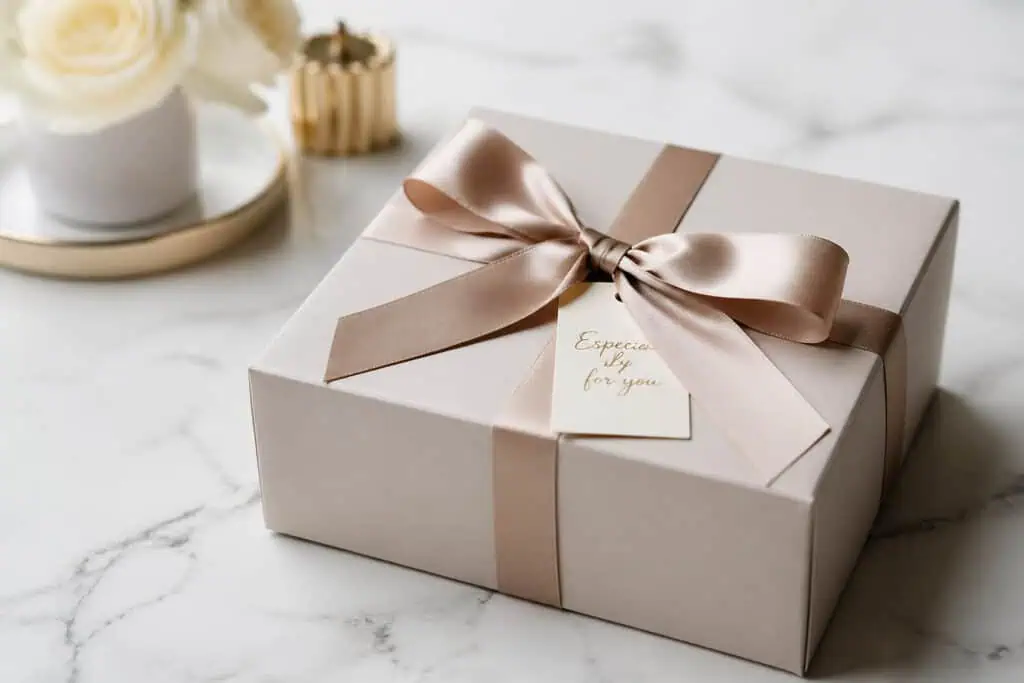 Elegant gift box wrapped with a satin ribbon and a handwritten note, placed on a marble table with flowers and a candle in the background. Perfect for special occasions or celebrations.