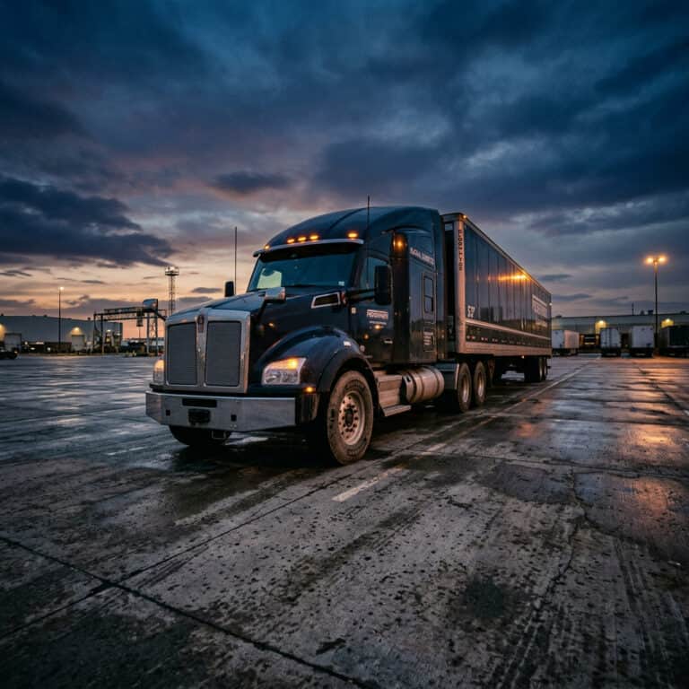 Semi-truck parked in an industrial yard during sunset with dramatic clouds and wet ground, highlighting transportation and logistics themes.