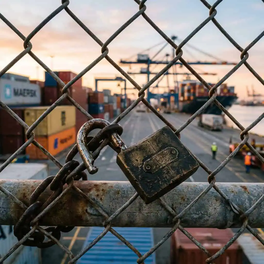 Close-up of a rusty padlock on a chain-link fence at a busy shipping port with containers and cranes in the background during sunset.