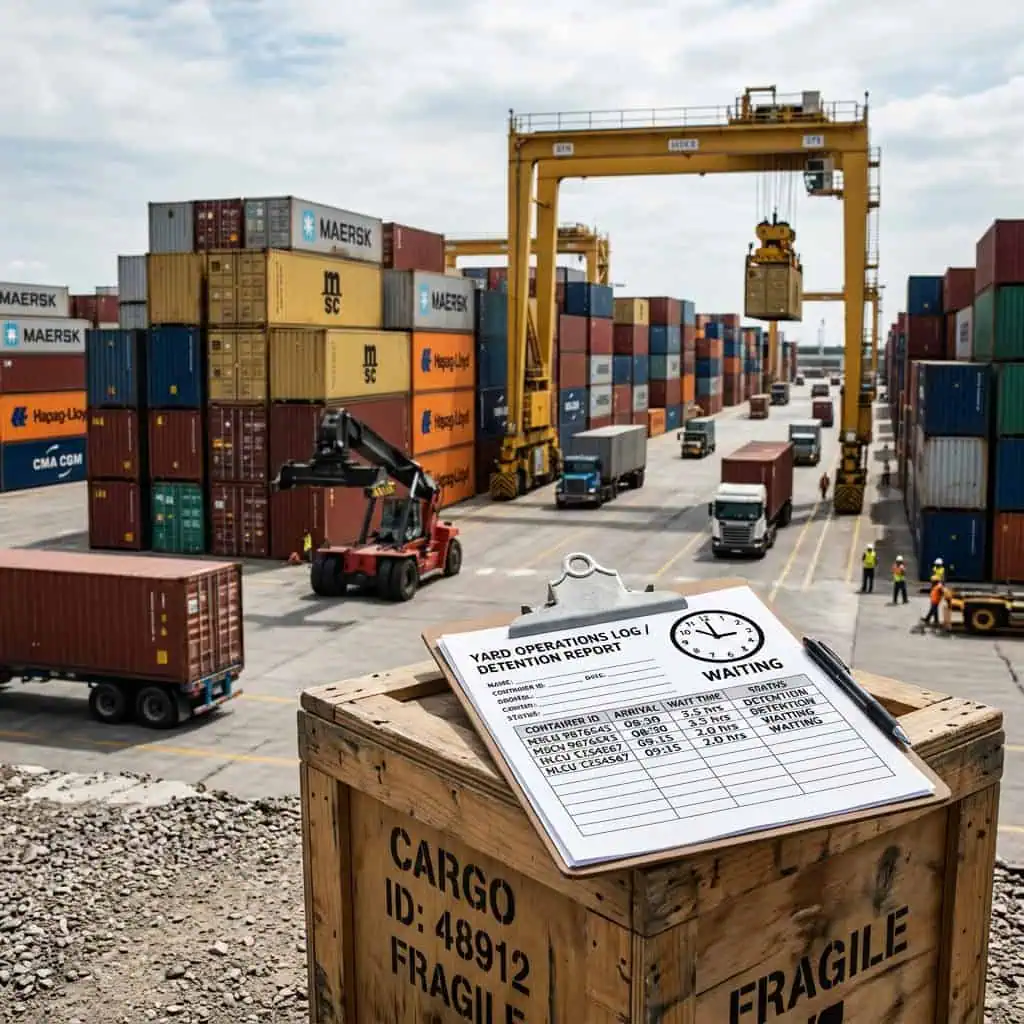 Container yard with shipping containers, cranes, and trucks at a busy port.