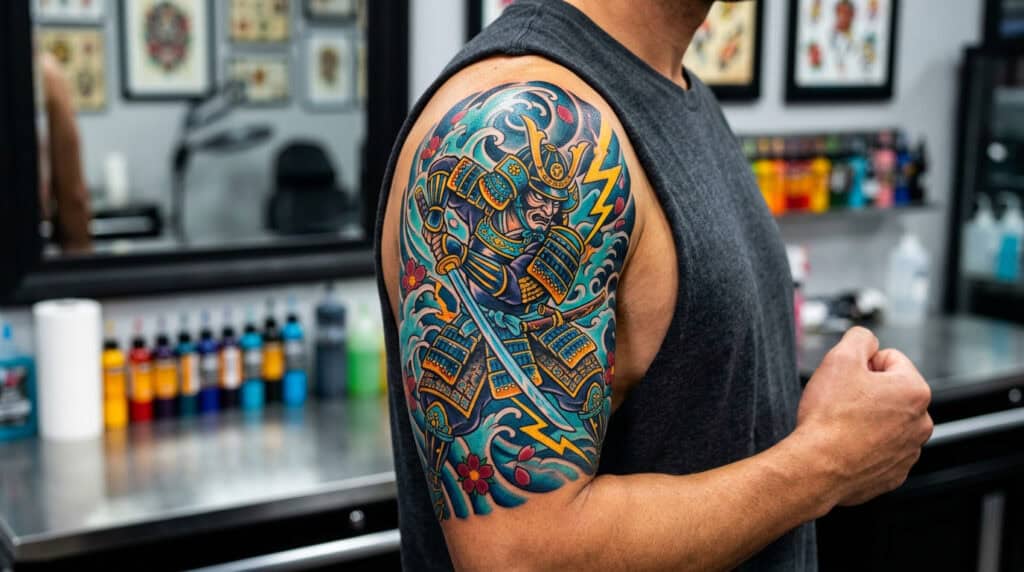 Close-up of a colorful Japanese samurai tattoo on a man's arm, showcasing traditional armor and vibrant details in a tattoo studio setting.