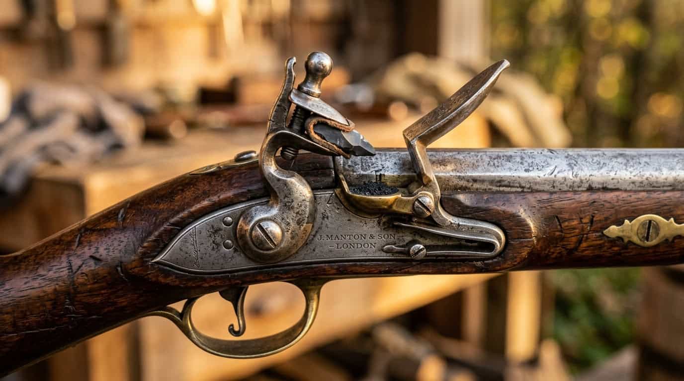 Close up side view of a vintage flintlock ignition mechanism on a wooden rifle.
