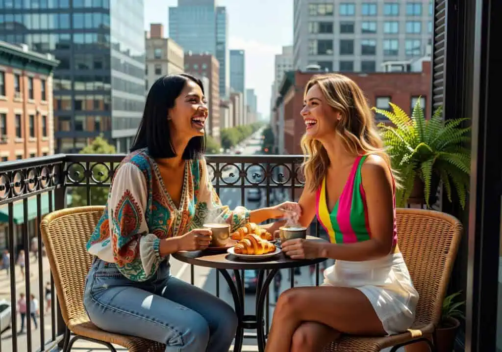 Two women laughing and chatting over coffee and croissants on a balcony with a cityscape background.