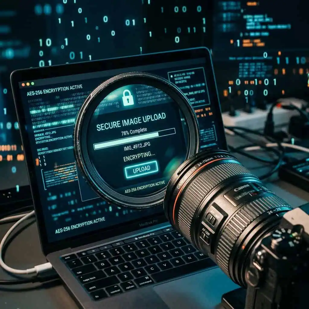 Camera lens focus on a digital screen, illustrating the reverse image search process.