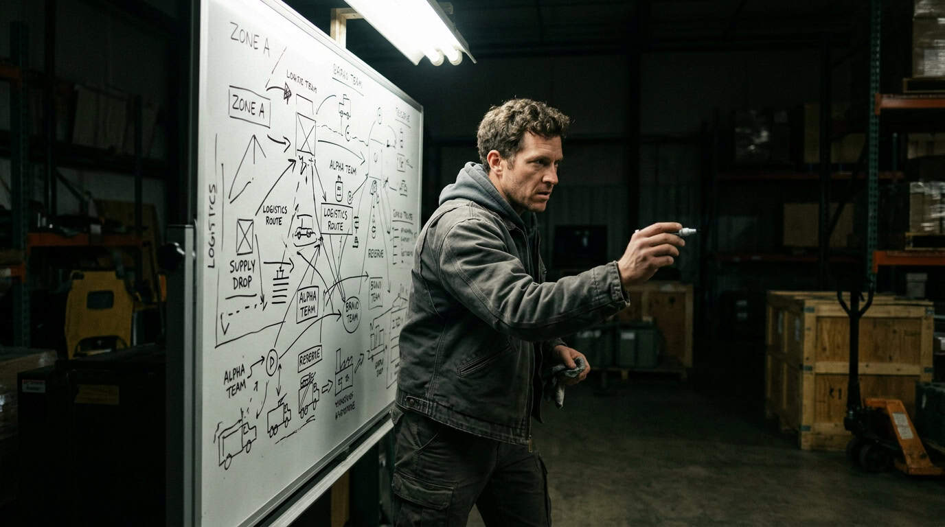 Man analyzing complex business diagrams on a whiteboard in a warehouse setting, focusing on strategic planning and problem-solving.