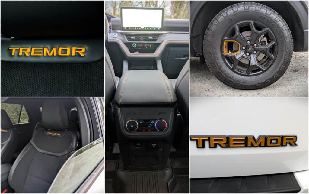 TREMOR logo on vehicle interior and exterior, showcasing dashboard, steering wheel, and off-road tire with TREMOR branding for rugged performance and style.