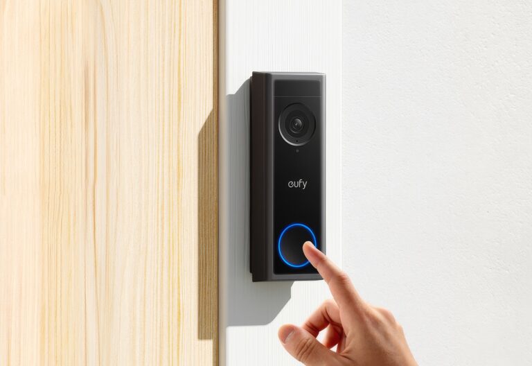 A high-definition video doorbell mounted on a wall, with a person pressing the illuminated blue button for home security and smart home automation.