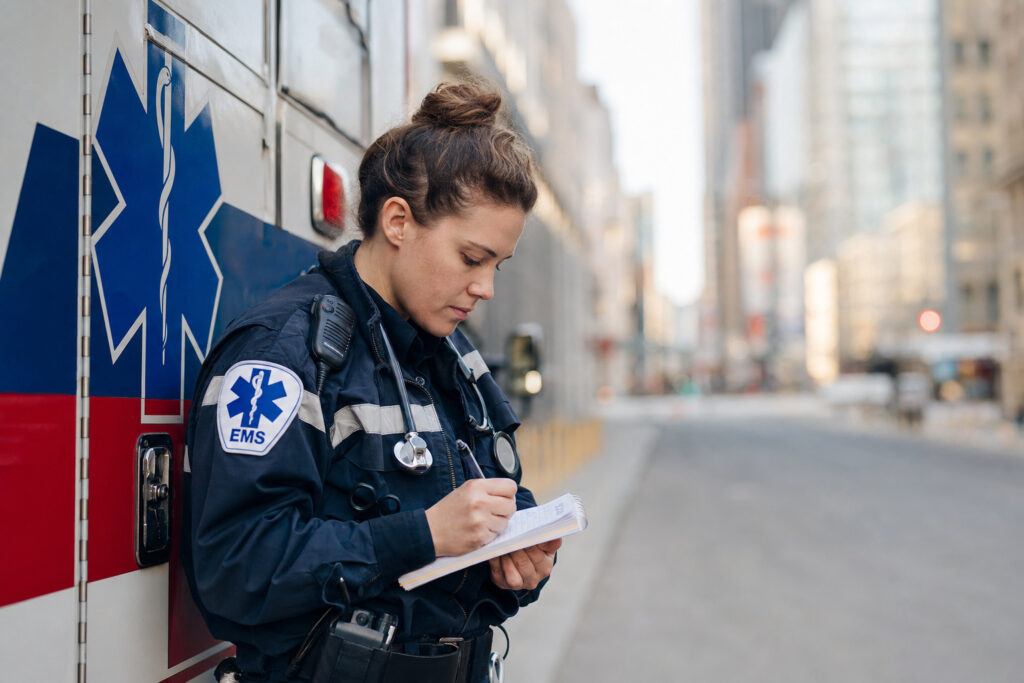 Emergency medical responder in uniform writing notes beside ambulance in urban setting.