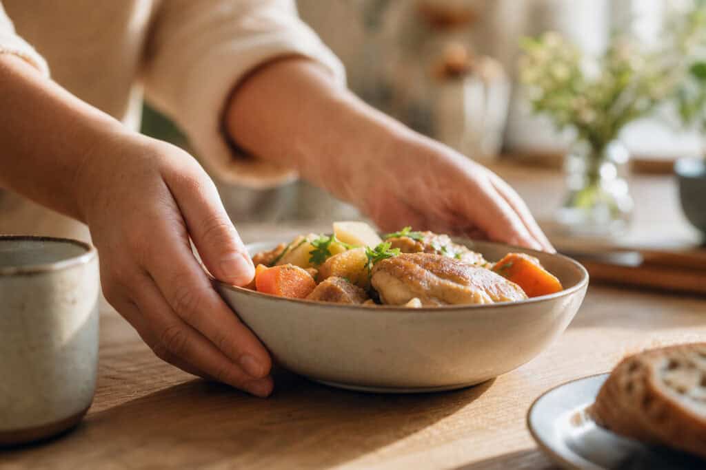 Stressed Out Man: Why Trying to 'Fix' Him Always Backfires 4 A person is serving a bowl of hearty chicken stew filled with carrots, potatoes, and herbs, emphasizing home-cooked comfort food.