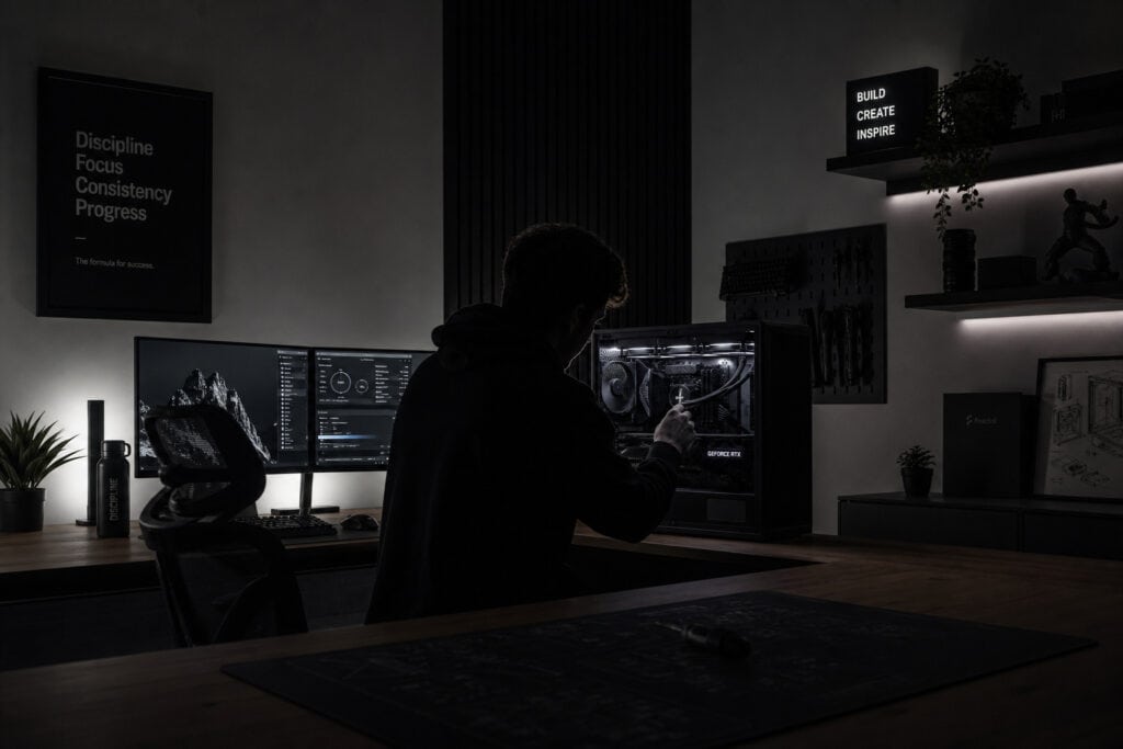 A person working on a high-tech computer in a dark, modern office with multiple monitors and illuminated decor, emphasizing innovation and technology.