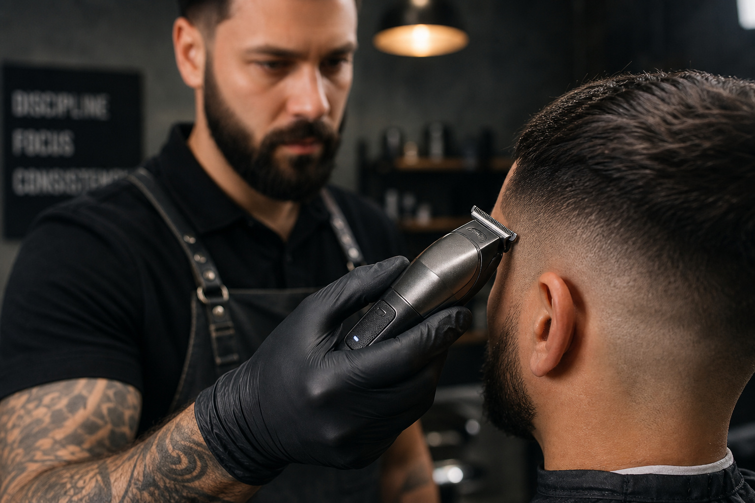 Should I Just Go Bald? Ending the Cycle of Hiding Thinning Hair 4 Professional barber preparing to trim hair with high-quality equipment.