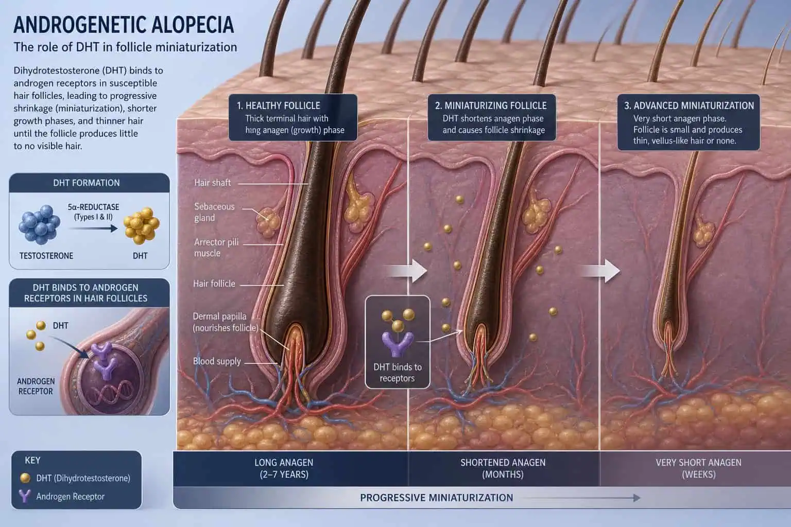3D scientific illustration showing hair follicle miniaturization due to DHT sensitivity.