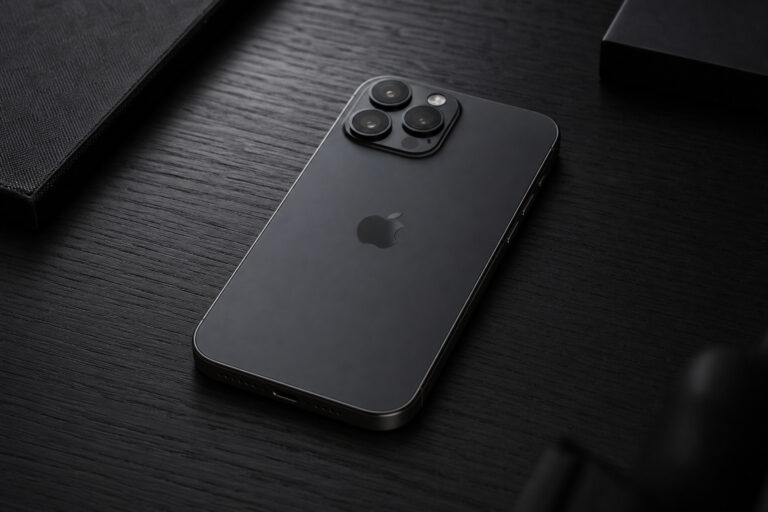 Modern black iPhone 14 Pro with triple-camera system placed on a sleek dark wooden surface, showcasing premium smartphone design and advanced camera features.
