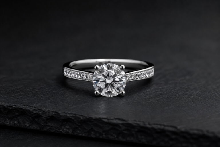 Close-up of a stunning diamond engagement ring with a large central stone and pavé band, set against a dark background for a luxurious and sophisticated look.