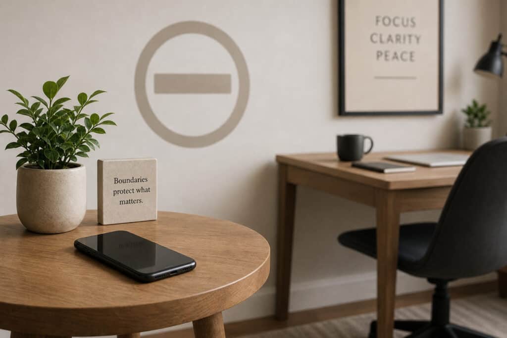 Stressed Out Man: Why Trying to 'Fix' Him Always Backfires 3 A sleek black smartphone rests on a round wooden table next to a potted plant, with a desk and chair in the background.