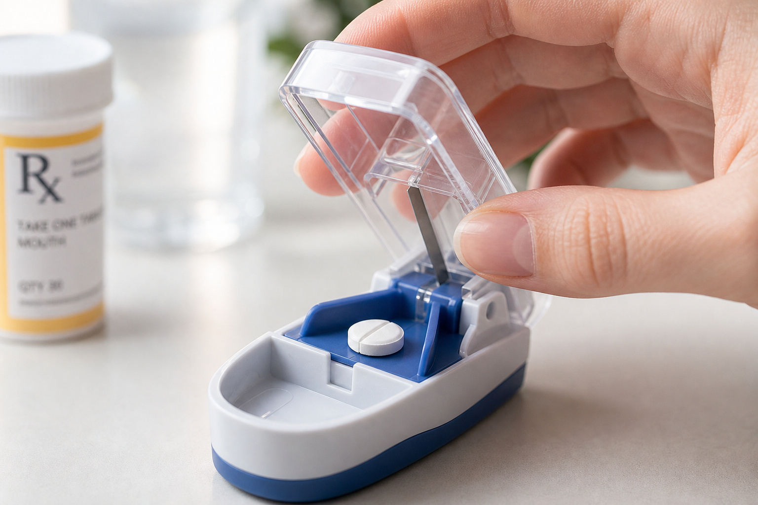 Should I Just Go Bald? Ending the Cycle of Hiding Thinning Hair 3 Close-up shot of a pill splitter cutting a medication tablet.