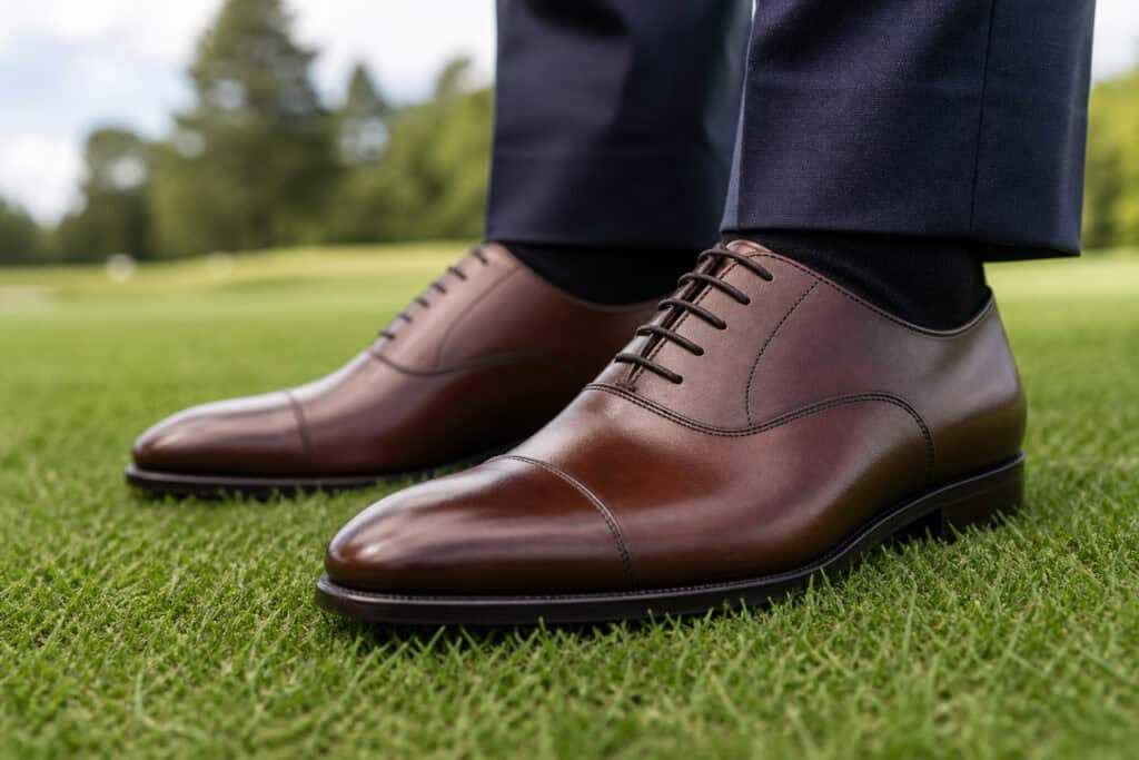 Men's brown leather dress shoes, formal footwear for business or special occasions, shown on a lush green golf course. Perfect for stylish, professional men seeking quality shoes for outdoor or indoor.
