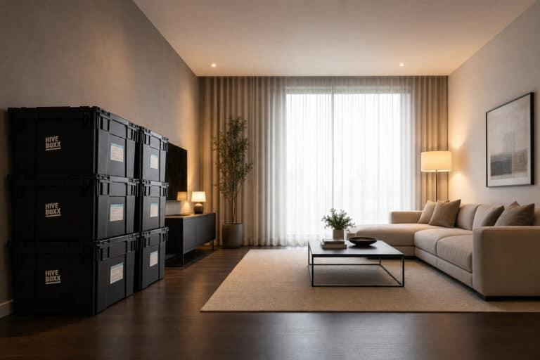 Contemporary living room featuring a beige sofa, large window with sheer curtains, potted plant, and black storage boxes for a sleek, minimalist aesthetic.