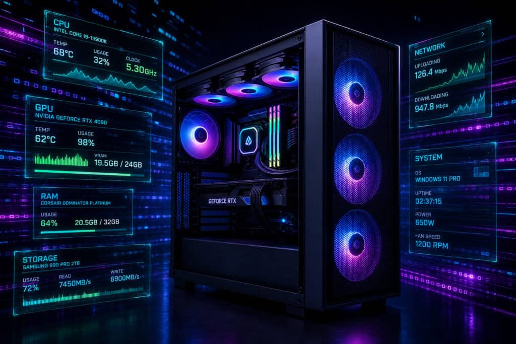 Modern gaming computer with RGB fans and detailed system monitoring displays, showcasing high-end hardware components and vibrant lighting effects.