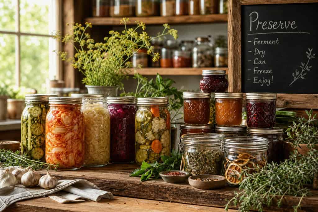 Assorted glass jars filled with preserved vegetables and herbs on a rustic kitchen counter, with fresh herbs and garlic nearby, showcasing home canning and food preservation.