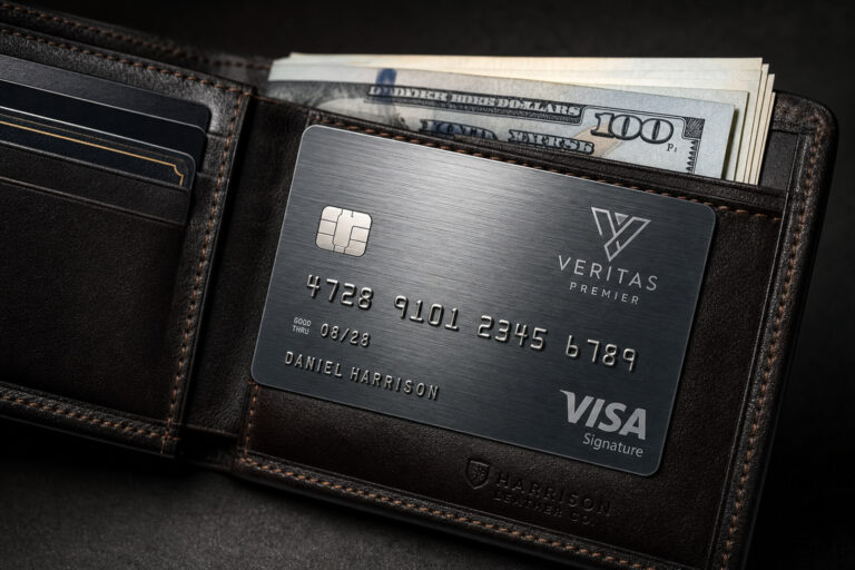 Wallet containing cash and a Veritas Visa credit card, showcasing financial essentials and personal finance management.