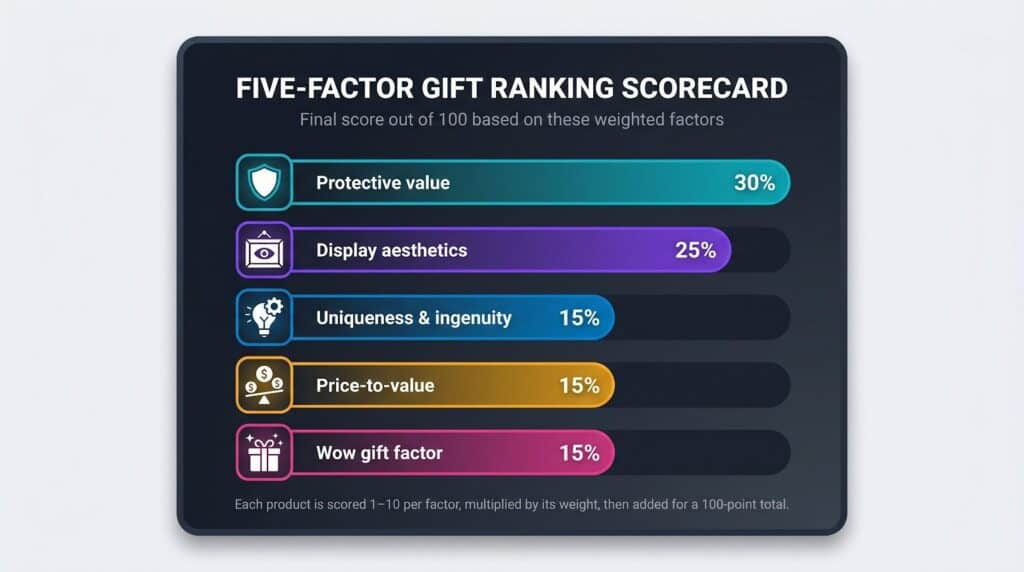 FIVE-FACTOR GIFT RANKING SCORECARD showing protective value, display aesthetics, uniqueness, price-to-value, and wow gift factor percentages for top gift evaluation.