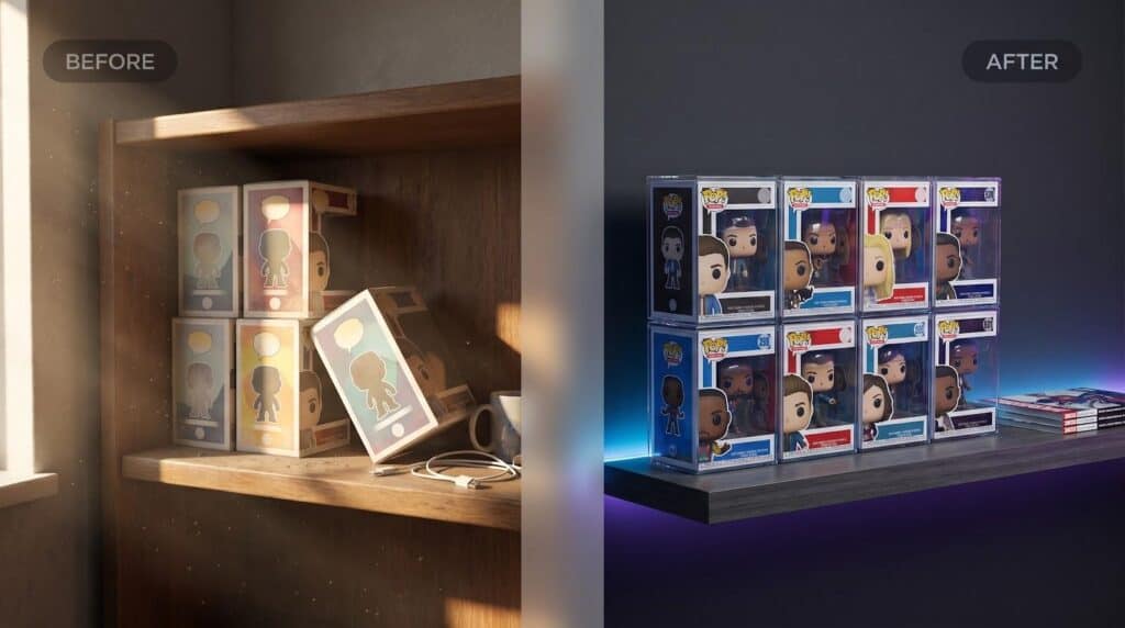 Collection of vintage Funko Pop figures arranged on a wooden shelf, showcasing nostalgic collectibles with a warm, retro ambiance.