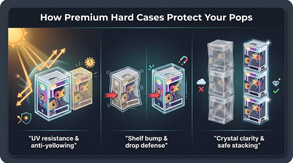 High-quality hard cases for phone protection showcasing UV resistance, shelf bump drop defense, and crystal clarity with safe stacking features for durable device safeguarding.