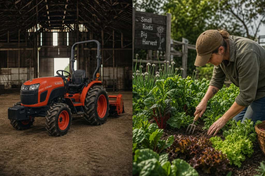 Farm tractor and gardener tending to vegetable garden.