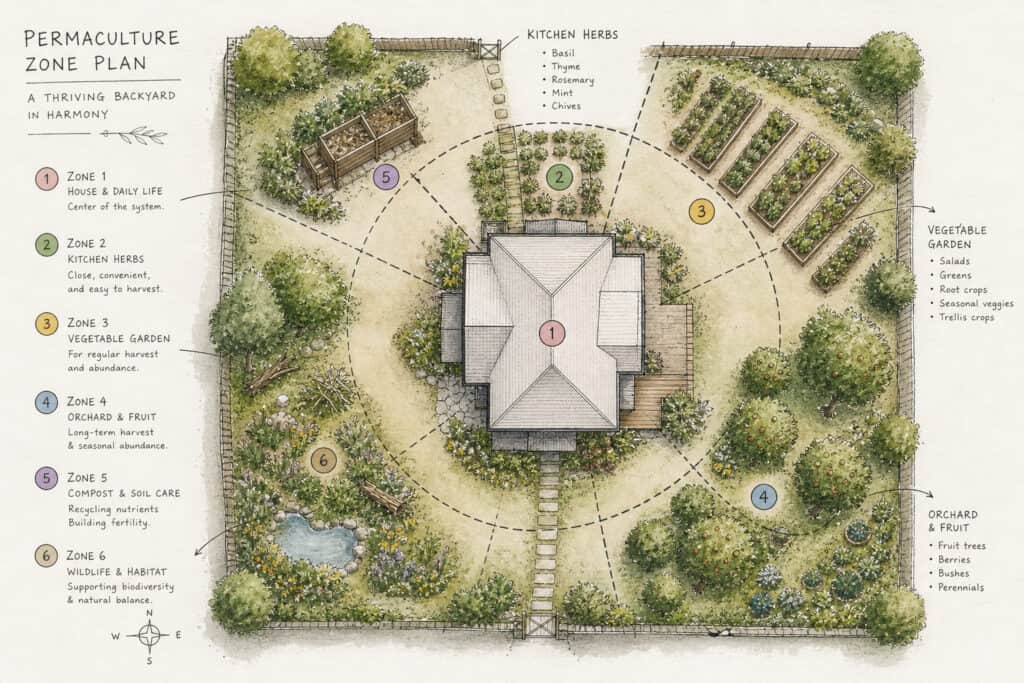 Detailed permaculture backyard zone plan showing garden zones, vegetable garden, orchard, and landscape features for sustainable living.