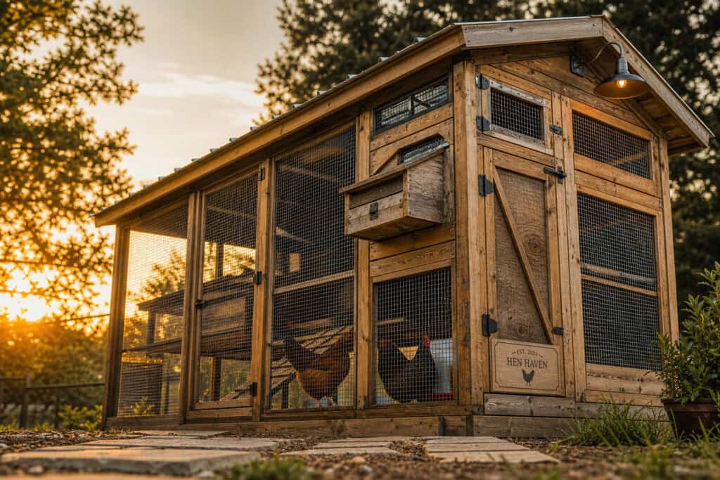 Wooden chicken coop with mesh sides and a sloped roof, set outdoors during sunset, featuring two chickens inside, surrounded by trees and natural scenery.