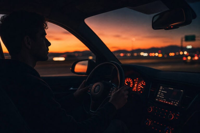 Night driving at sunset with a man behind the wheel in a modern car, capturing a peaceful evening scene. The image highlights the interior dashboard and the silhouette of the driver against a vibrant.