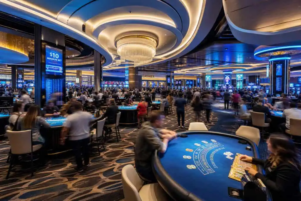 Casino Clothing Rules: Beyond the Official Dress Code 2 Casino gaming floor with players and vibrant lighting at Unfinished Man.