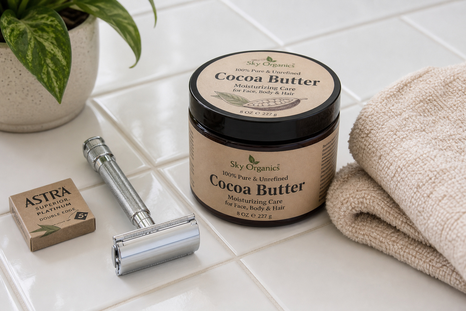 Should I Just Go Bald? Ending the Cycle of Hiding Thinning Hair 5 Minimalist grooming kit featuring a safety razor and cocoa butter.