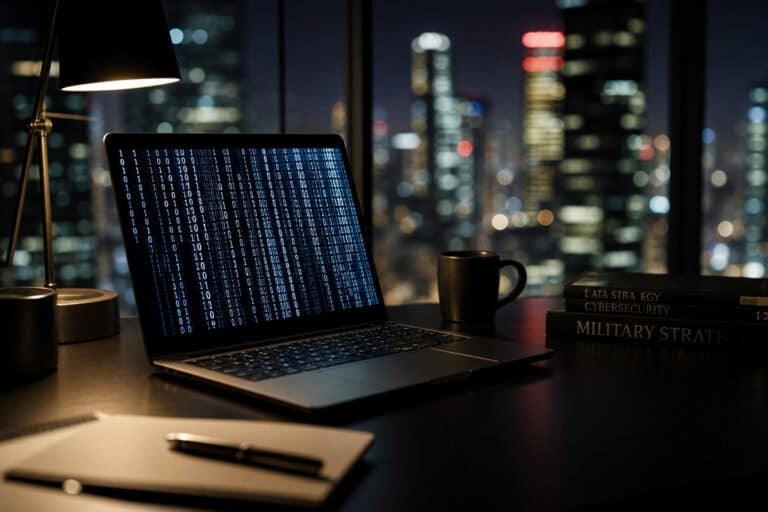 A laptop displaying binary code on its screen, placed on a desk with a notebook, pen, and coffee mug, overlooking a city skyline at night, emphasizing cybersecurity and digital privacy themes.