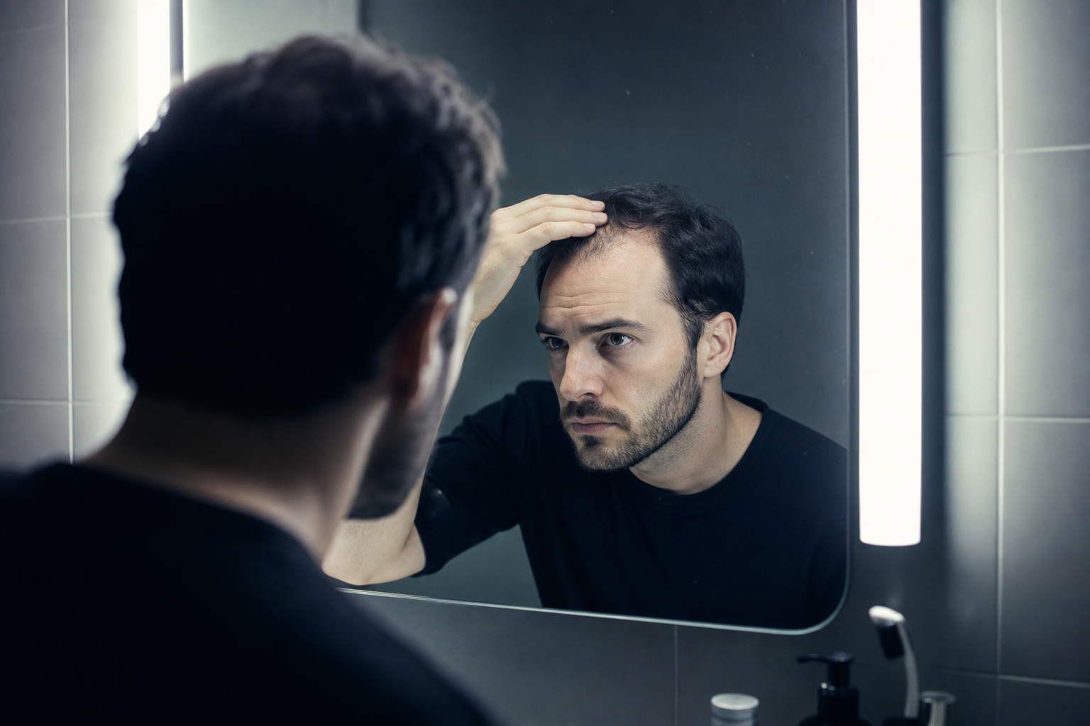 Should I Just Go Bald? Ending the Cycle of Hiding Thinning Hair 2 A man looking at his thinning hair reflection in a bathroom mirror.