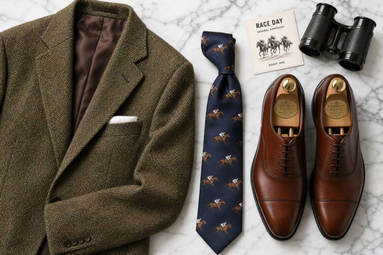 Elegant men's outfit with a brown blazer, patterned tie, polished brown shoes, binoculars, and a race day ticket, perfect for stylish occasions.