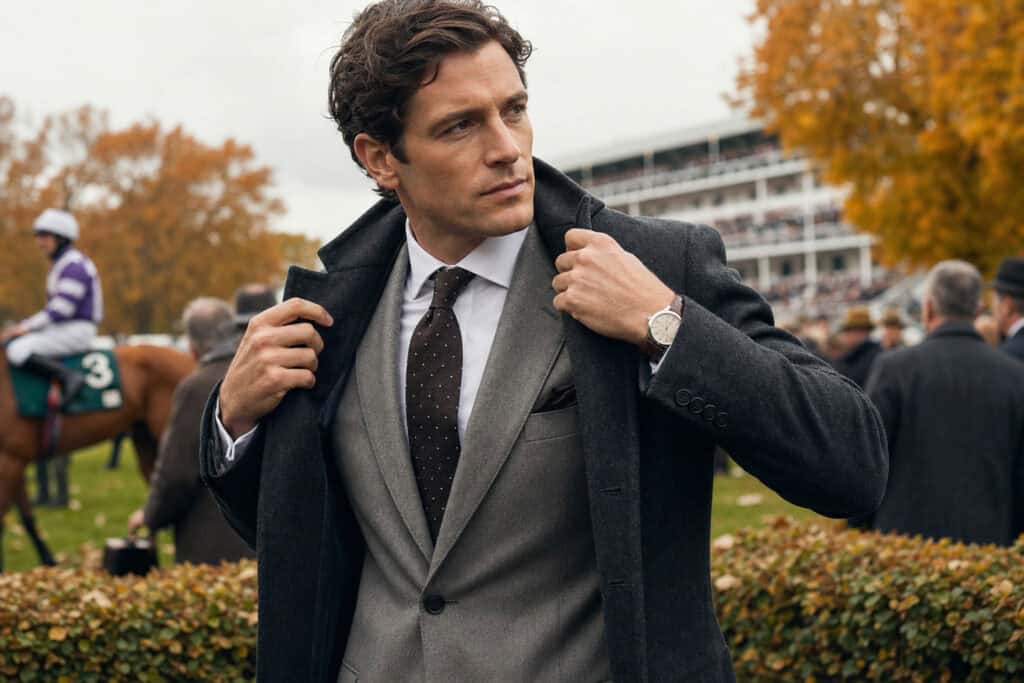 Elegant man in a gray suit and dark overcoat at a horse racing event, surrounded by spectators and autumn foliage, exuding confidence and style.