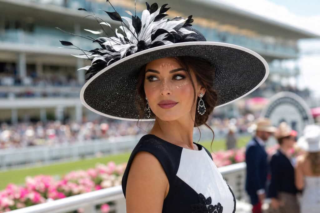 Woman wearing a fashionable black and white hat with feathers at a horse racing event, showcasing elegance and style.