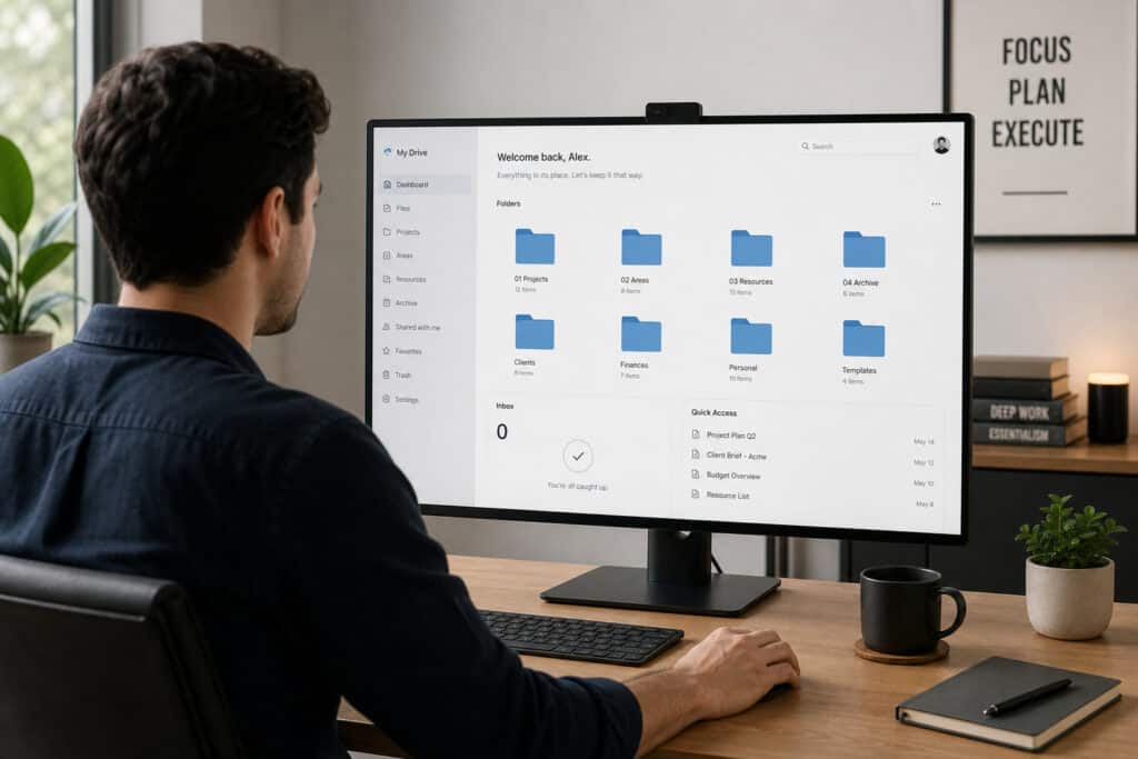 The Digital Minimalism Method: A Tactical Guide for 2026 8 Man working at a desk with a computer monitor displaying folders, surrounded by office decor including a motivational poster and potted plants.