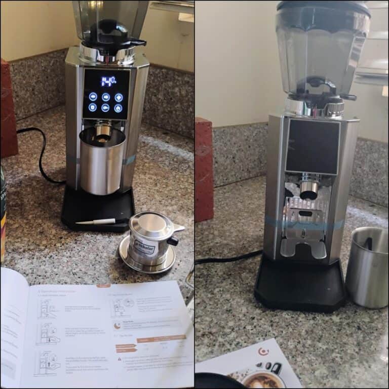 Unfinished Man review of the AMZCHEF professional coffee grinder with digital display and stainless steel components.