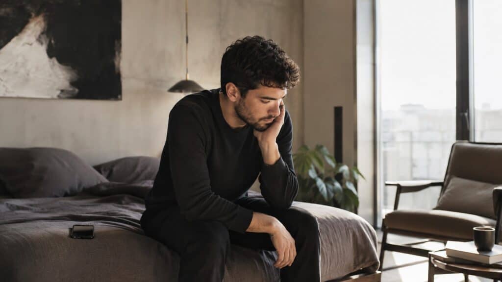 Young man sitting on bed in a modern bedroom, looking thoughtful and contemplative.