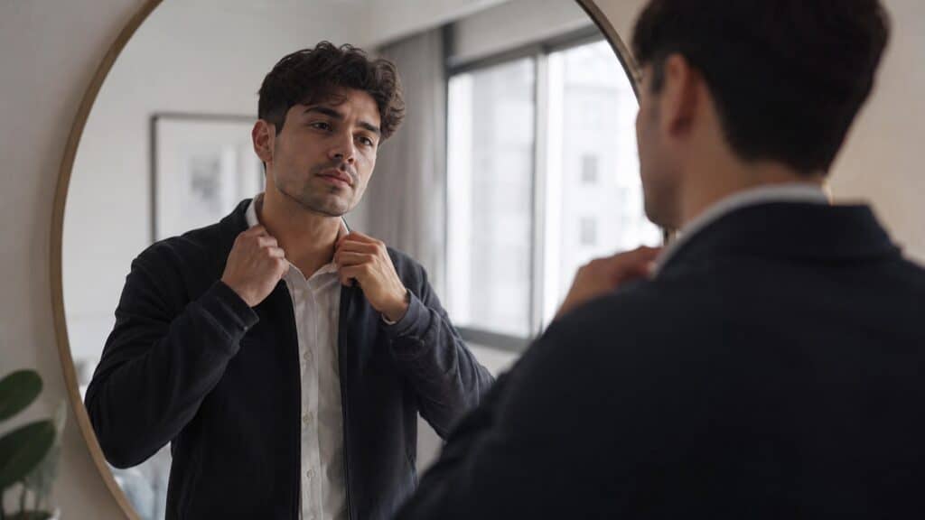 Man adjusting his collar while looking at his reflection in a mirror, in a modern indoor setting.