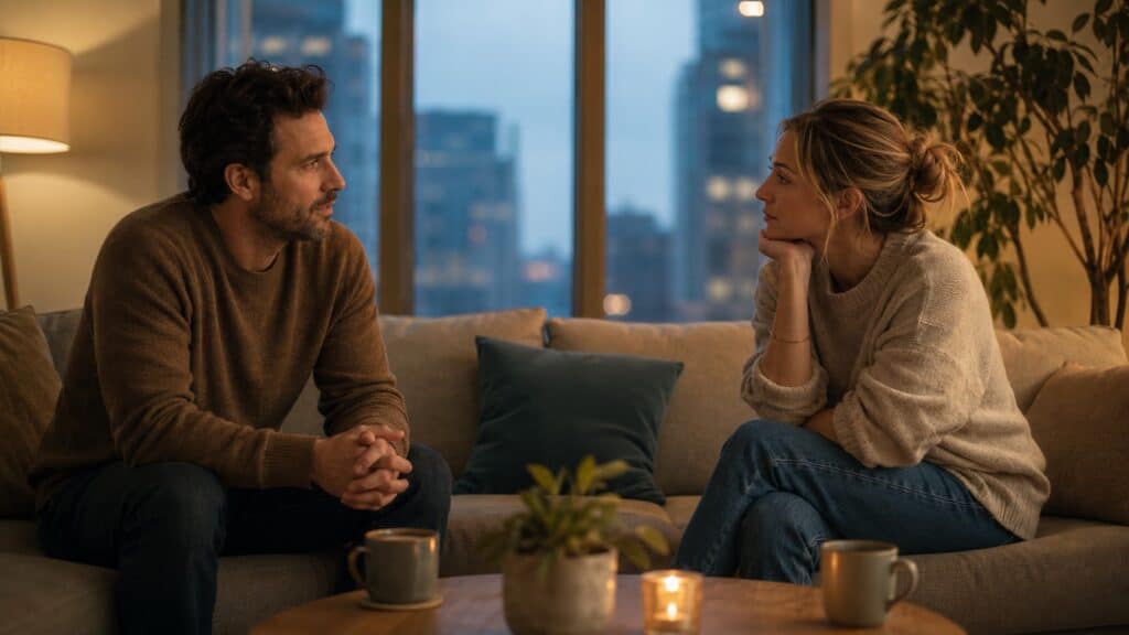 A man and woman having a serious conversation in a cozy living room with city view at dusk.