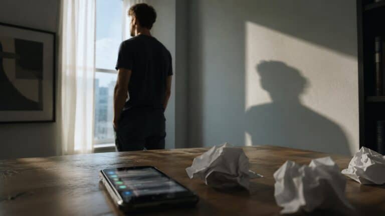 A man stands by a window looking outside, with crumpled papers on a table in the foreground, casting a shadow on the wall.