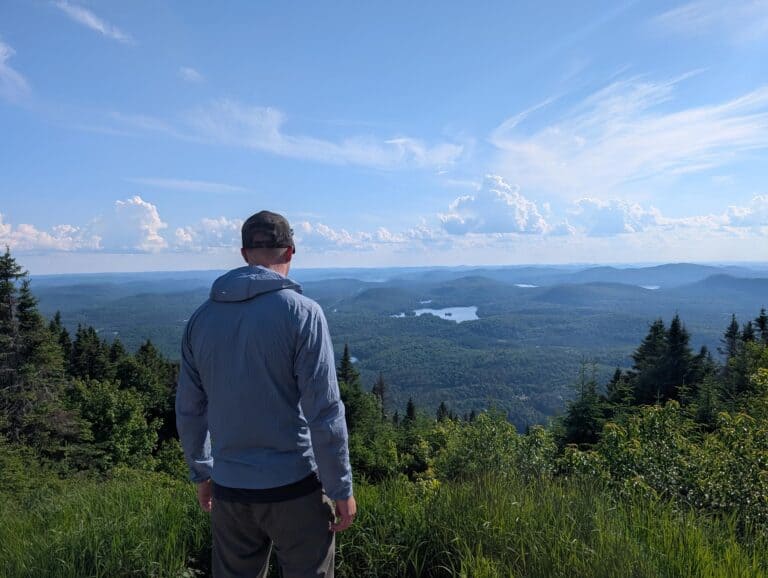 Man overlooking a scenic landscape with forests, lakes, and mountains under a partly cloudy sky.