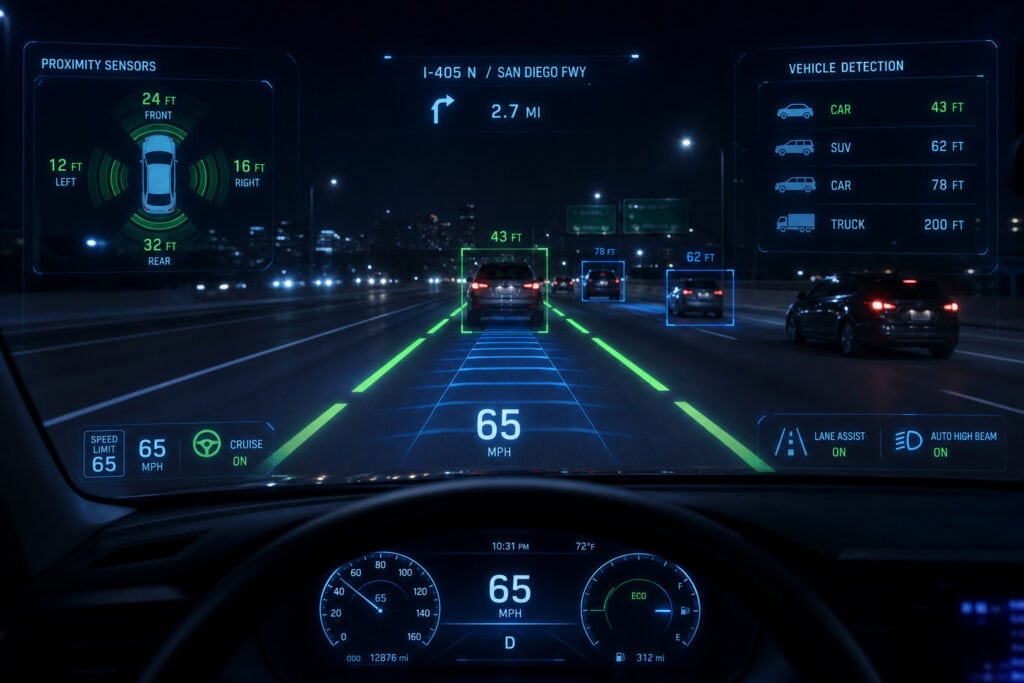 Advanced night driving display showing vehicle speed, lane guidance, and surrounding vehicle detection for enhanced safety and navigation.